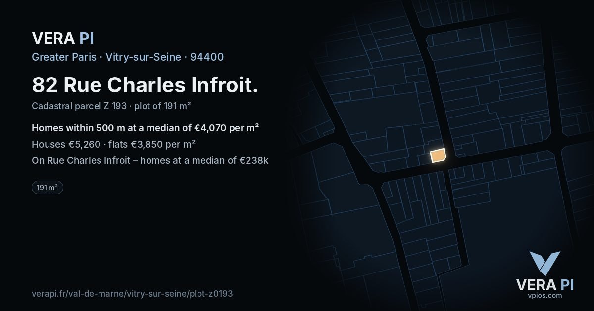 82 Rue Charles Infroit, Vitry-sur-Seine at night – the plot lit, the parcels around coloured by the prices near them