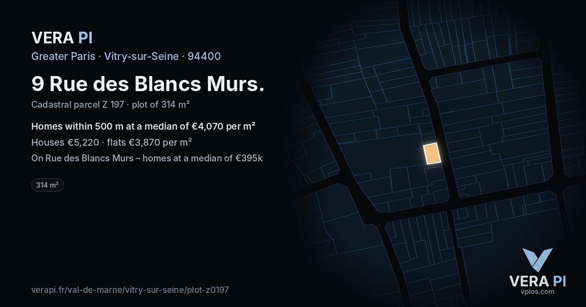 9 Rue des Blancs Murs, Vitry-sur-Seine at night – the plot lit, the parcels around coloured by the prices near them