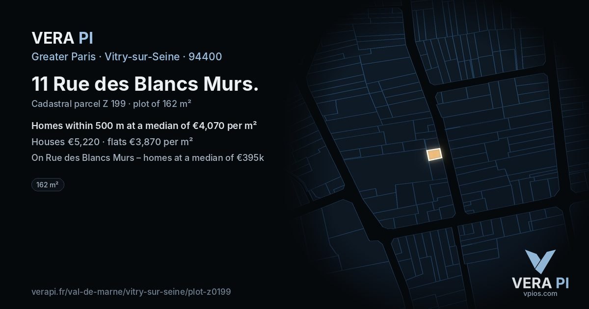 11 Rue des Blancs Murs, Vitry-sur-Seine at night – the plot lit, the parcels around coloured by the prices near them