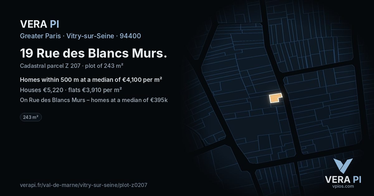19 Rue des Blancs Murs, Vitry-sur-Seine at night – the plot lit, the parcels around coloured by the prices near them