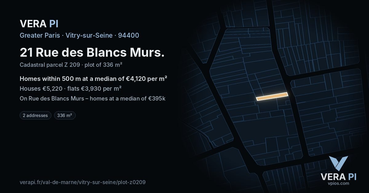 21 Rue des Blancs Murs, Vitry-sur-Seine at night – the plot lit, the parcels around coloured by the prices near them