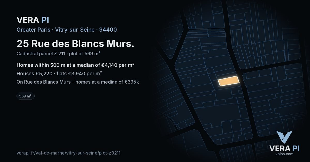 25 Rue des Blancs Murs, Vitry-sur-Seine at night – the plot lit, the parcels around coloured by the prices near them