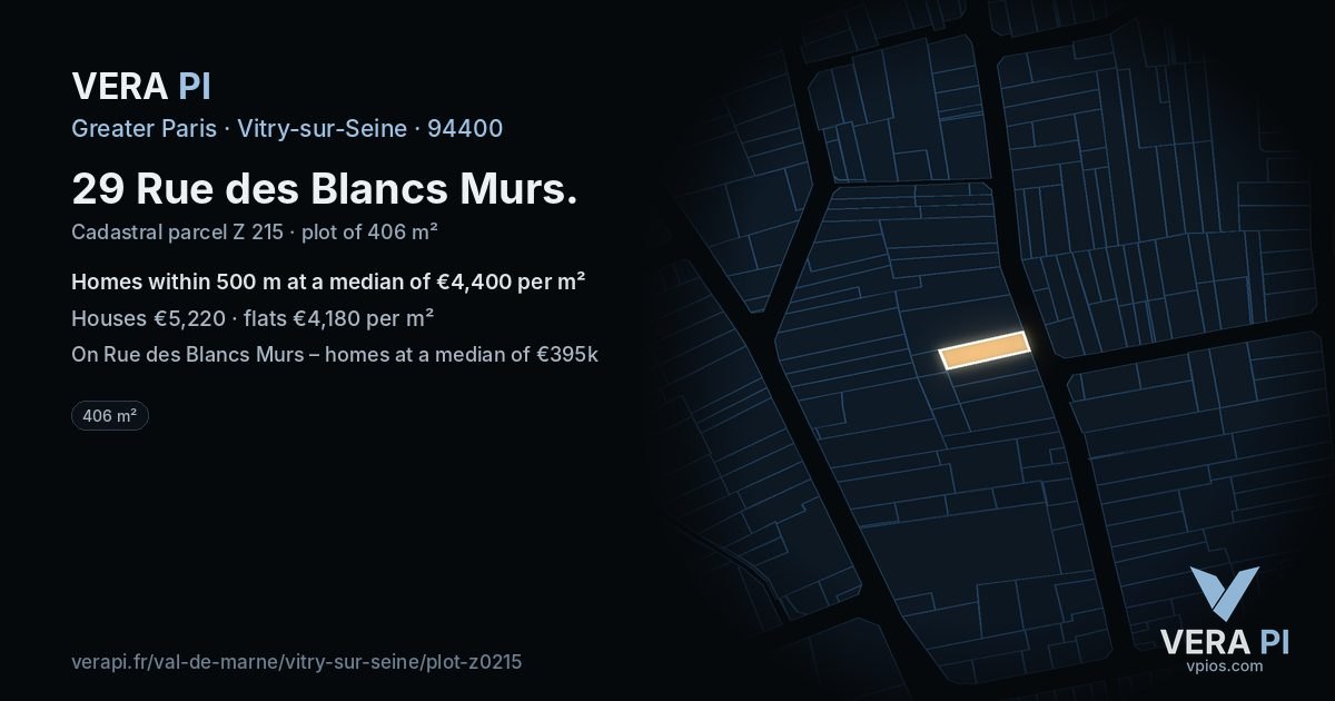29 Rue des Blancs Murs, Vitry-sur-Seine at night – the plot lit, the parcels around coloured by the prices near them