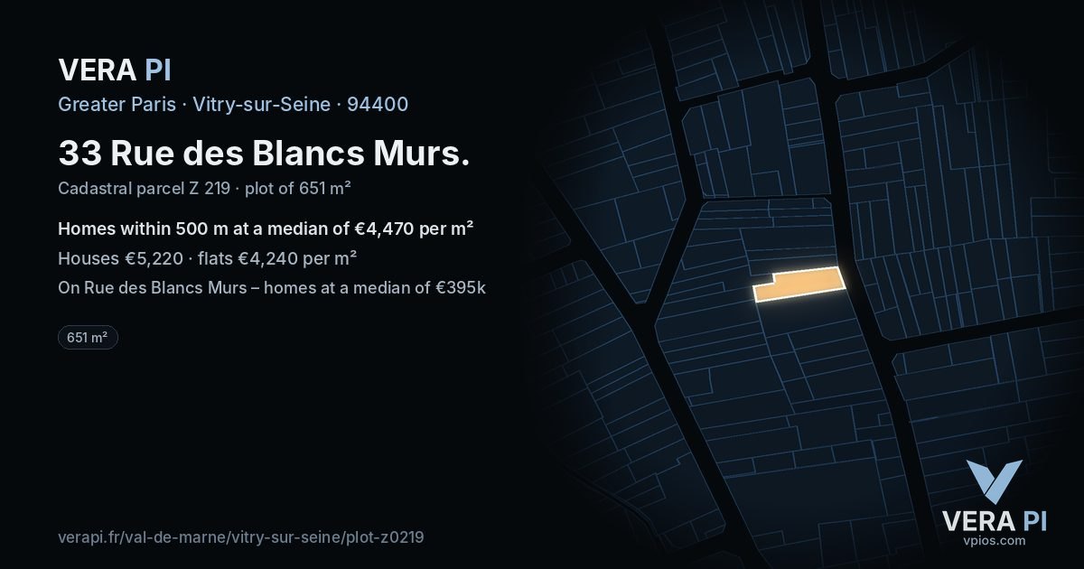 33 Rue des Blancs Murs, Vitry-sur-Seine at night – the plot lit, the parcels around coloured by the prices near them