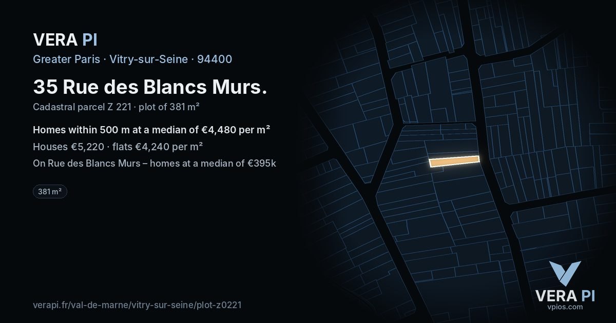 35 Rue des Blancs Murs, Vitry-sur-Seine at night – the plot lit, the parcels around coloured by the prices near them