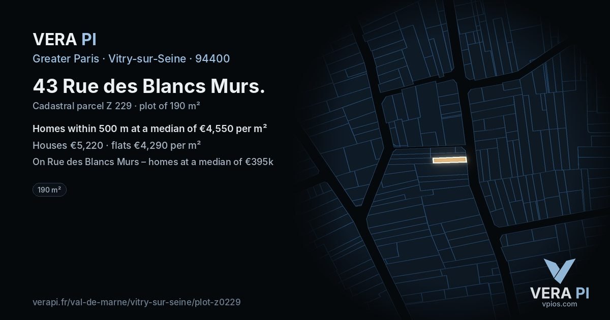 43 Rue des Blancs Murs, Vitry-sur-Seine at night – the plot lit, the parcels around coloured by the prices near them