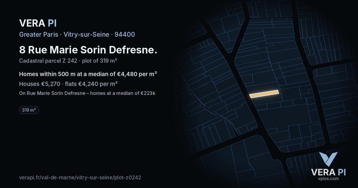 8 Rue Marie Sorin Defresne, Vitry-sur-Seine at night – the plot lit, the parcels around coloured by the prices near them