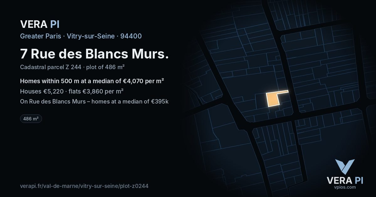7 Rue des Blancs Murs, Vitry-sur-Seine at night – the plot lit, the parcels around coloured by the prices near them