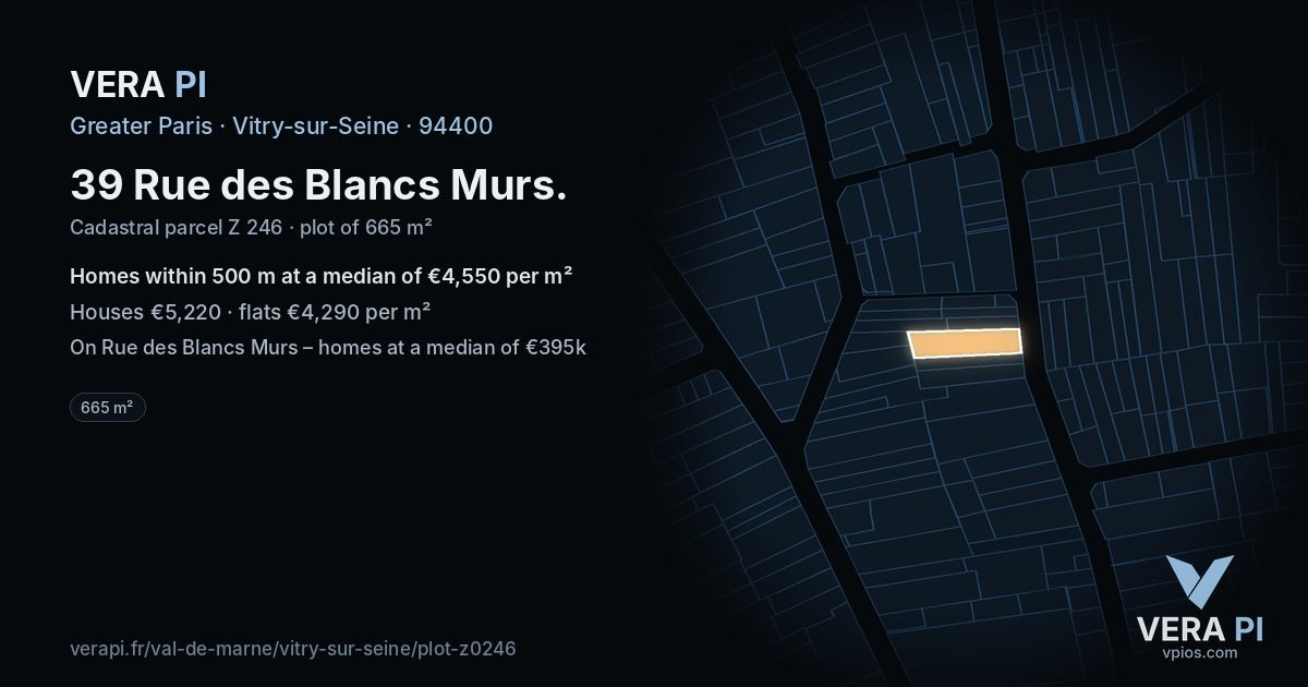 39 Rue des Blancs Murs, Vitry-sur-Seine at night – the plot lit, the parcels around coloured by the prices near them
