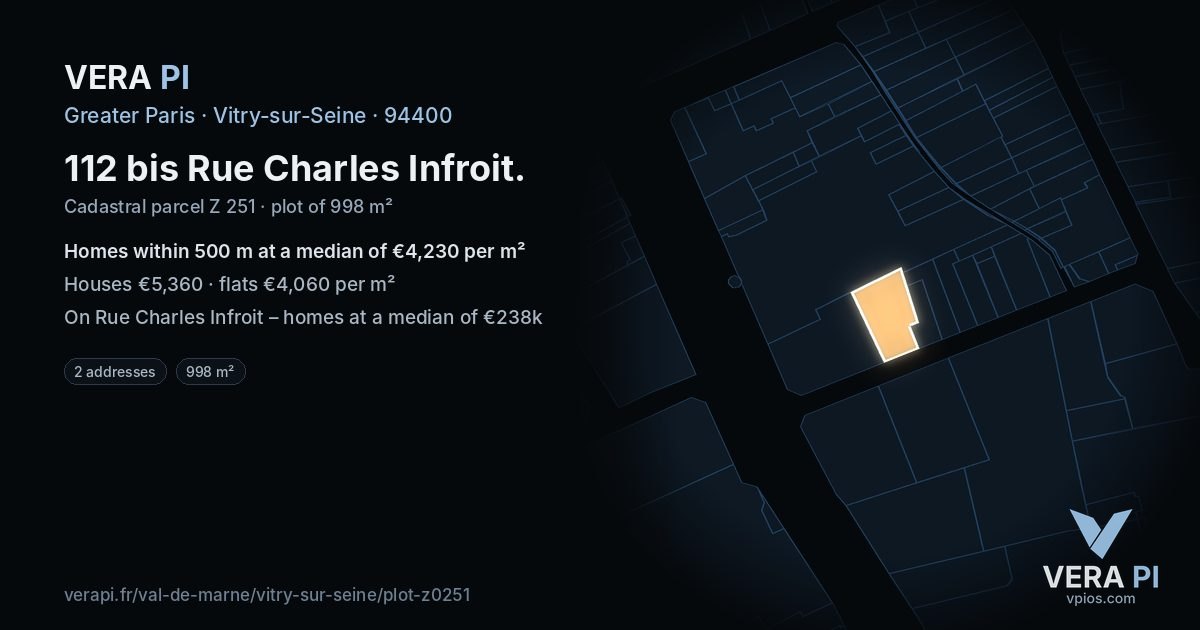 112 bis Rue Charles Infroit, Vitry-sur-Seine at night – the plot lit, the parcels around coloured by the prices near them