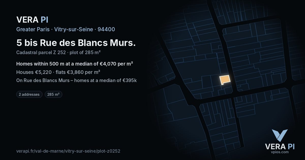 5 bis Rue des Blancs Murs, Vitry-sur-Seine at night – the plot lit, the parcels around coloured by the prices near them