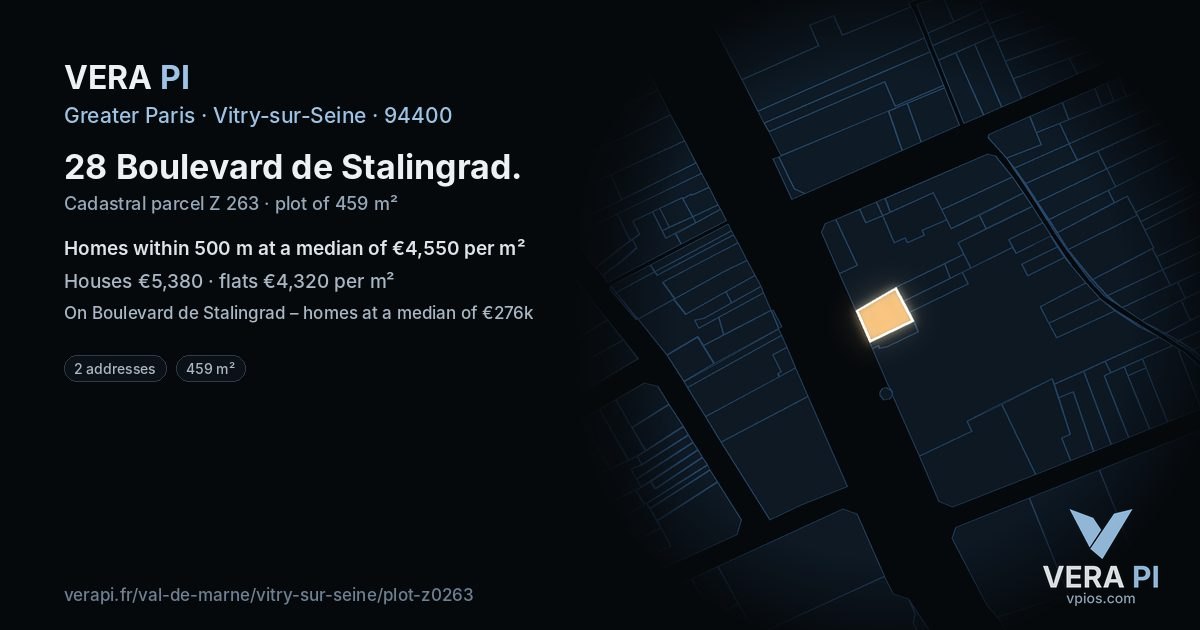 28 Boulevard de Stalingrad, Vitry-sur-Seine at night – the plot lit, the parcels around coloured by the prices near them