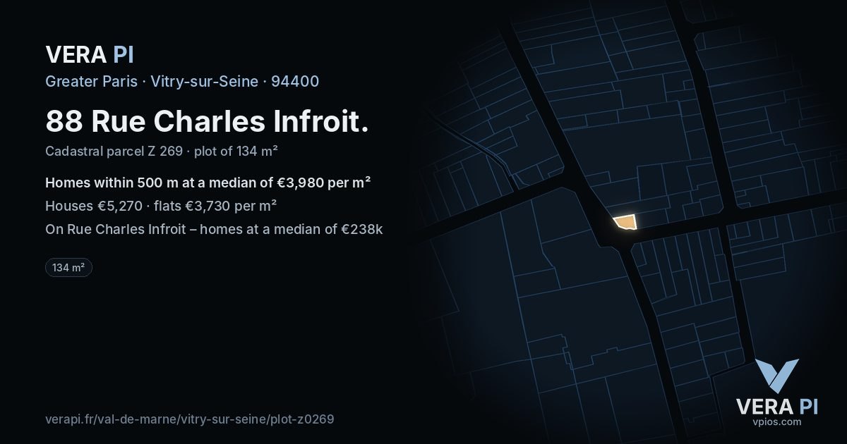 88 Rue Charles Infroit, Vitry-sur-Seine at night – the plot lit, the parcels around coloured by the prices near them
