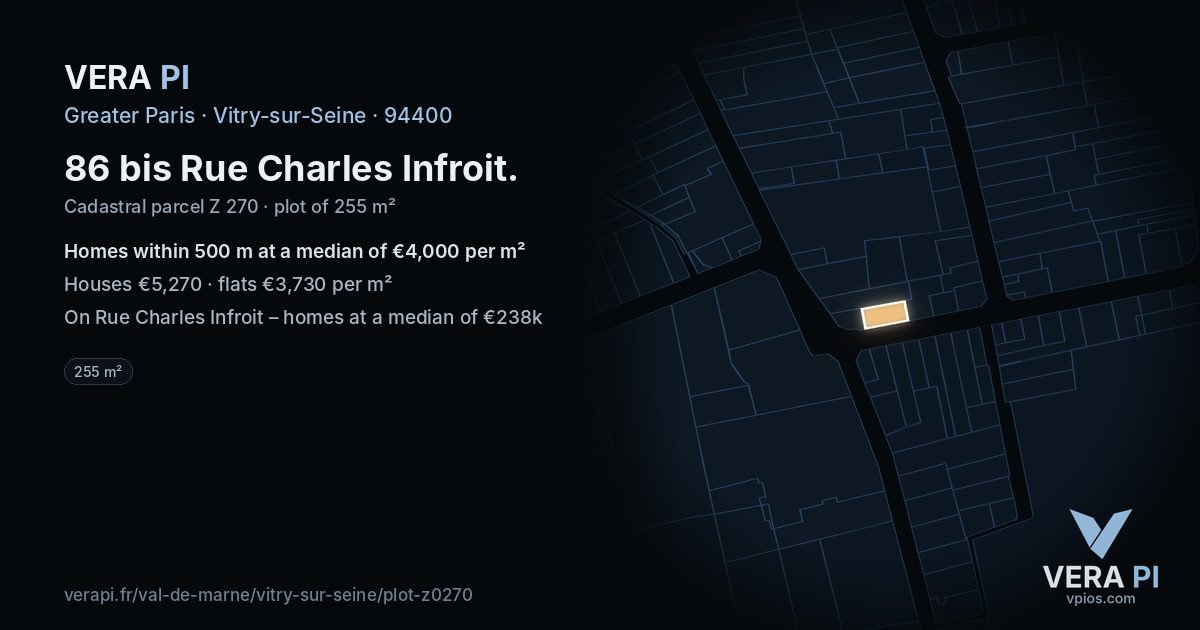 86 bis Rue Charles Infroit, Vitry-sur-Seine at night – the plot lit, the parcels around coloured by the prices near them
