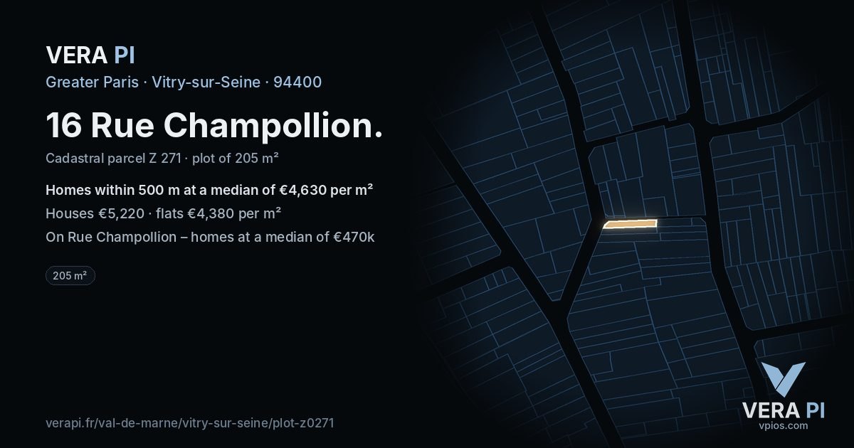 16 Rue Champollion, Vitry-sur-Seine at night – the plot lit, the parcels around coloured by the prices near them