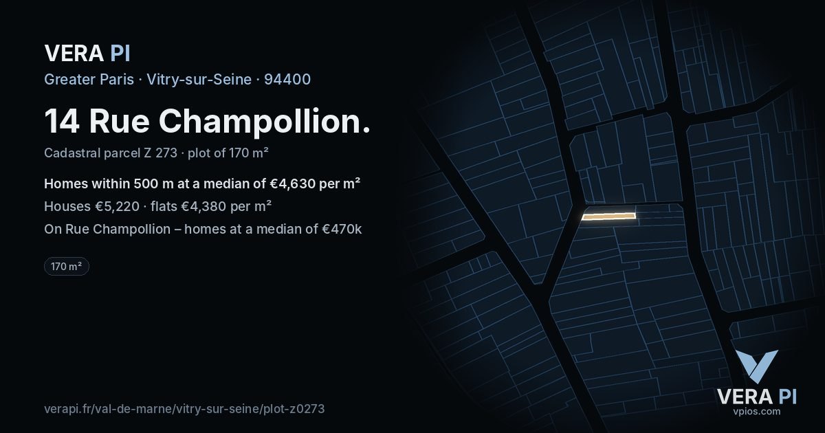 14 Rue Champollion, Vitry-sur-Seine at night – the plot lit, the parcels around coloured by the prices near them