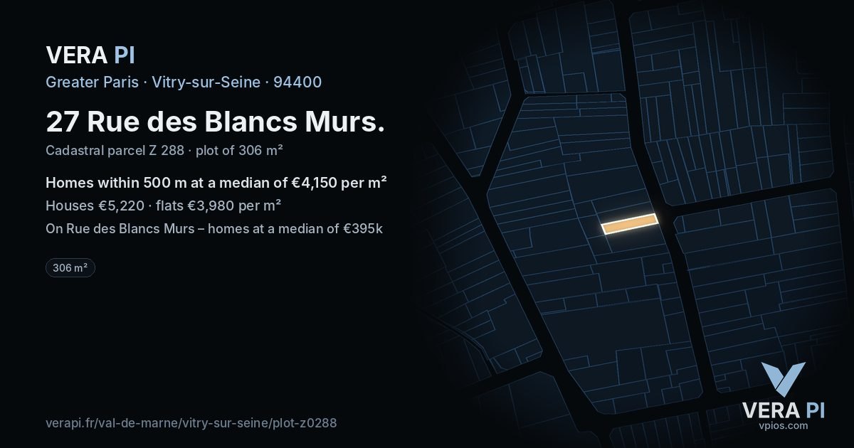27 Rue des Blancs Murs, Vitry-sur-Seine at night – the plot lit, the parcels around coloured by the prices near them