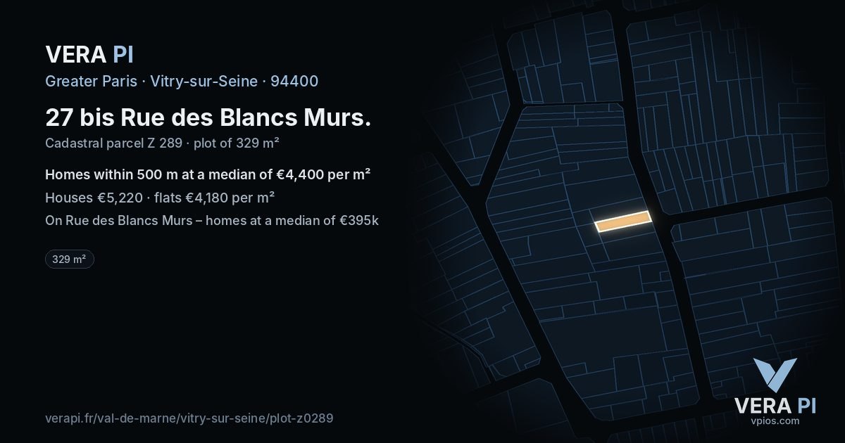 27 bis Rue des Blancs Murs, Vitry-sur-Seine at night – the plot lit, the parcels around coloured by the prices near them