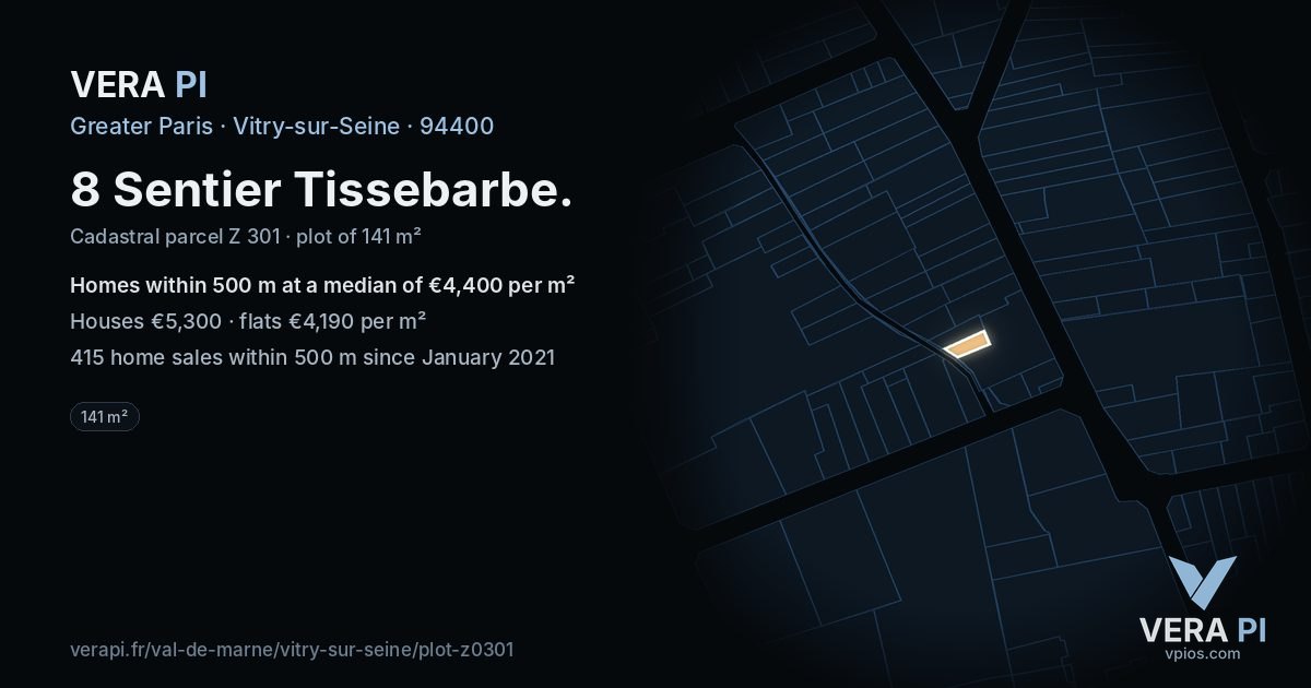8 Sentier Tissebarbe, Vitry-sur-Seine at night – the plot lit, the parcels around coloured by the prices near them