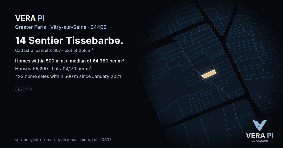 14 Sentier Tissebarbe, Vitry-sur-Seine at night – the plot lit, the parcels around coloured by the prices near them