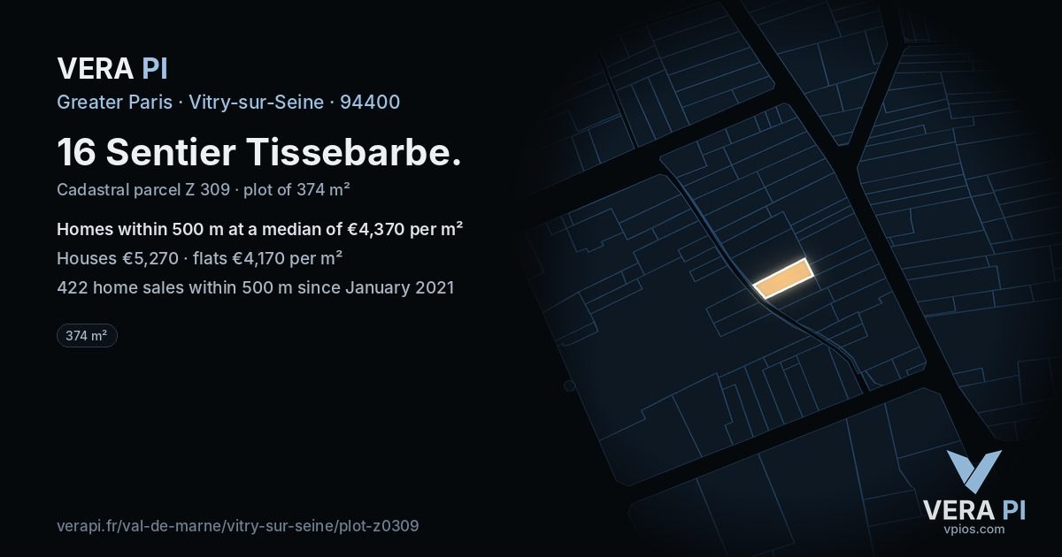 16 Sentier Tissebarbe, Vitry-sur-Seine at night – the plot lit, the parcels around coloured by the prices near them