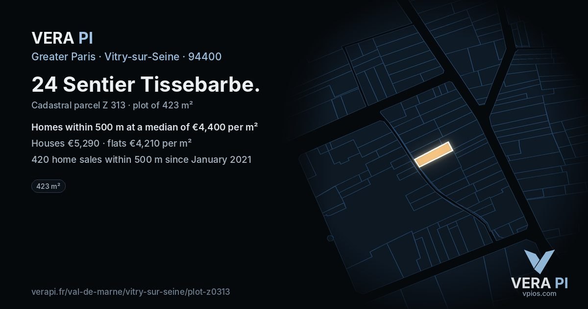 24 Sentier Tissebarbe, Vitry-sur-Seine at night – the plot lit, the parcels around coloured by the prices near them