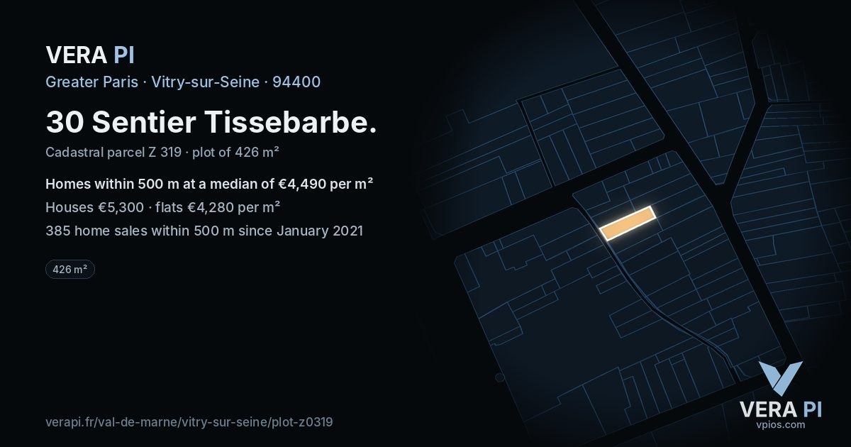30 Sentier Tissebarbe, Vitry-sur-Seine at night – the plot lit, the parcels around coloured by the prices near them