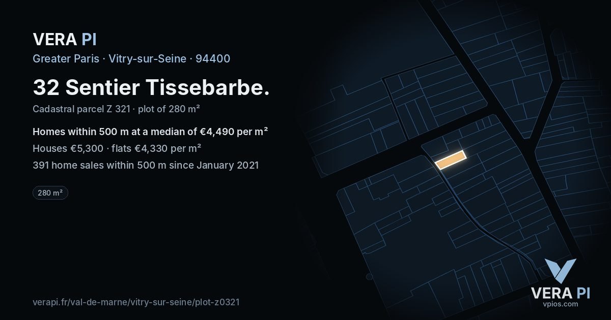 32 Sentier Tissebarbe, Vitry-sur-Seine at night – the plot lit, the parcels around coloured by the prices near them