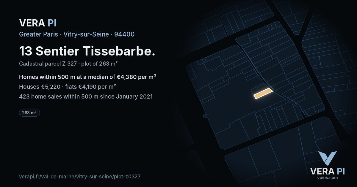 13 Sentier Tissebarbe, Vitry-sur-Seine at night – the plot lit, the parcels around coloured by the prices near them
