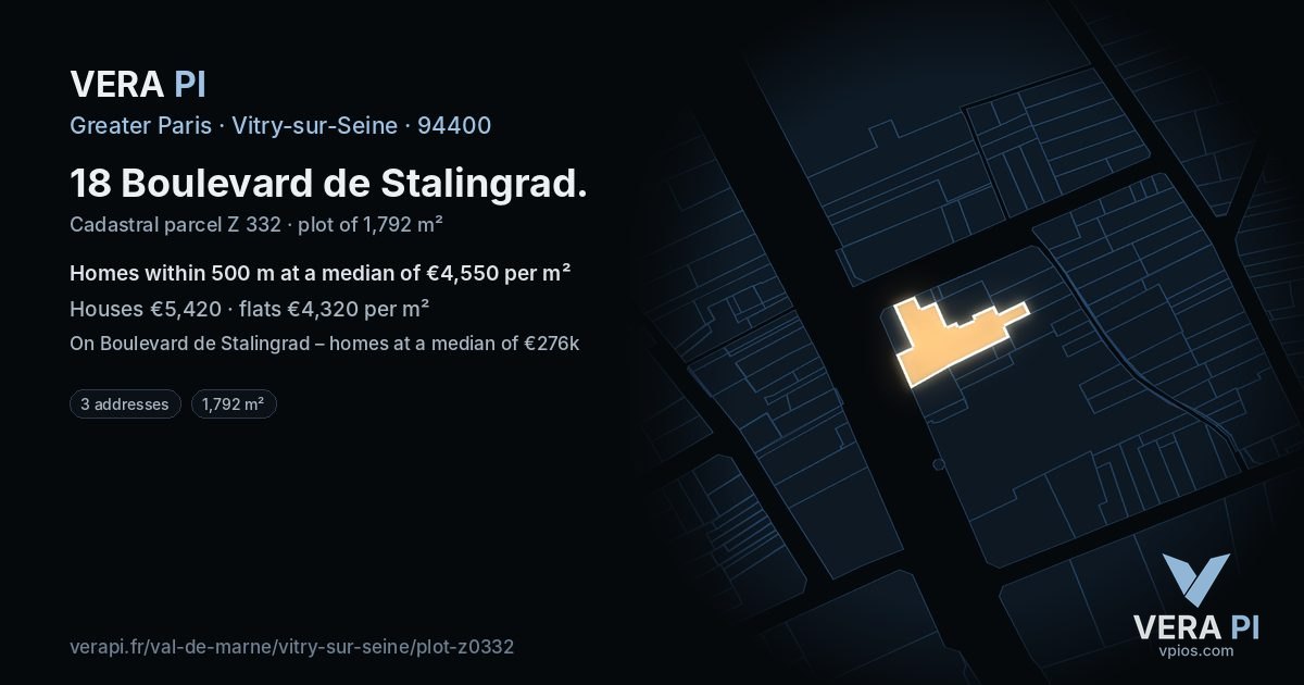18 Boulevard de Stalingrad, Vitry-sur-Seine at night – the plot lit, the parcels around coloured by the prices near them