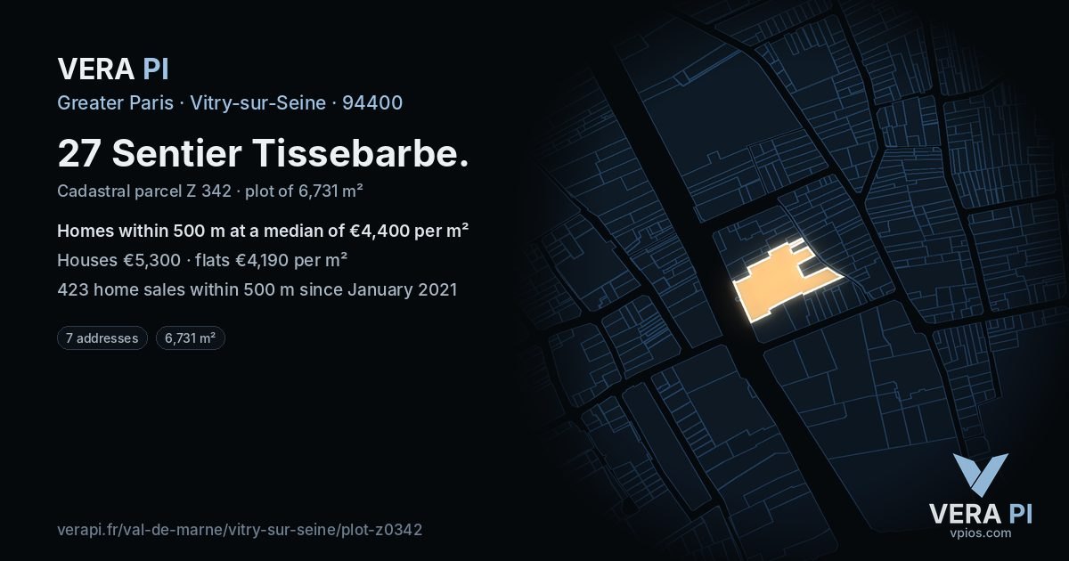 27 Sentier Tissebarbe, Vitry-sur-Seine at night – the plot lit, the parcels around coloured by the prices near them