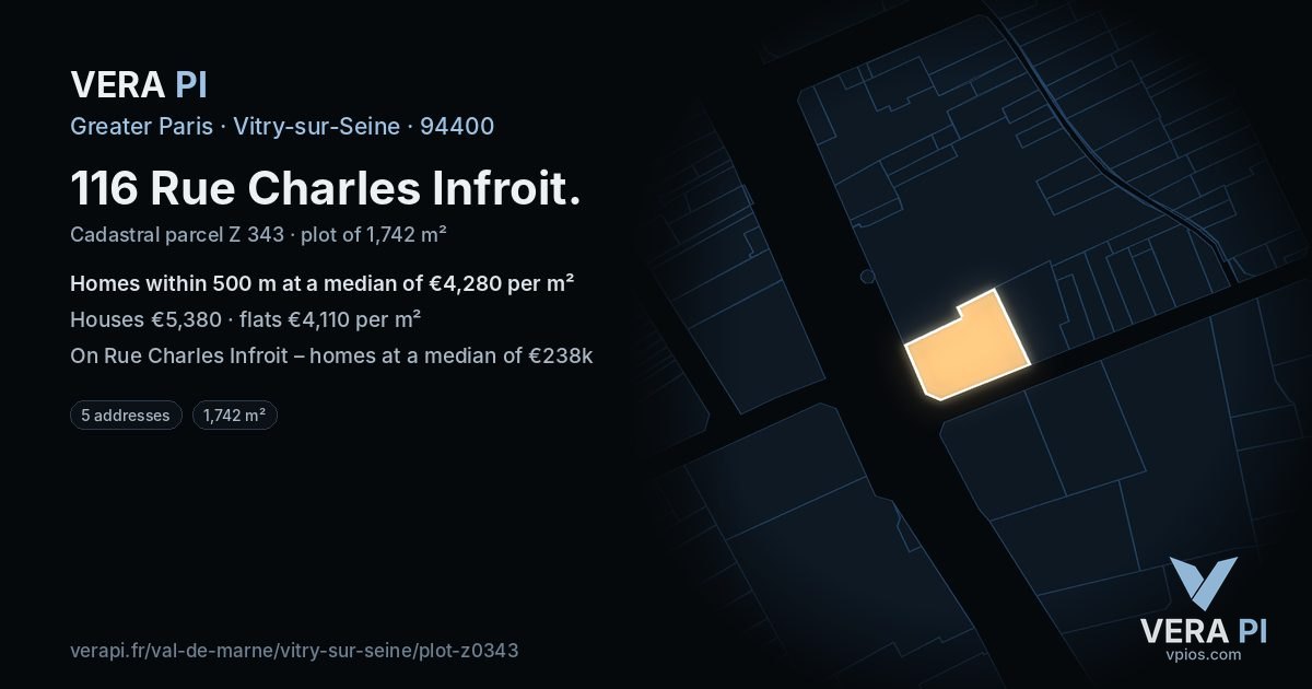 116 Rue Charles Infroit, Vitry-sur-Seine at night – the plot lit, the parcels around coloured by the prices near them