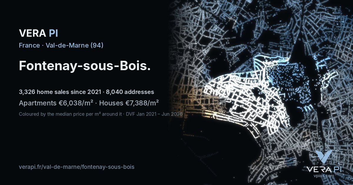 Impasse Ruisseau, Fontenay-sous-Bois at night – every parcel coloured by the prices around it, the street's own parcels lit